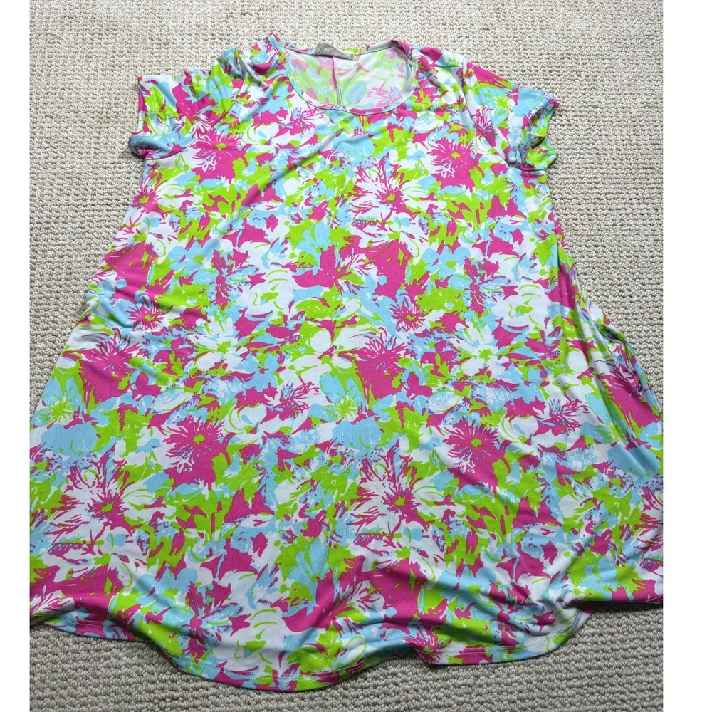 Peach Love Mini Dress Womens Size Medium Green/Pink‎ Floral Garden Tunic Peasant